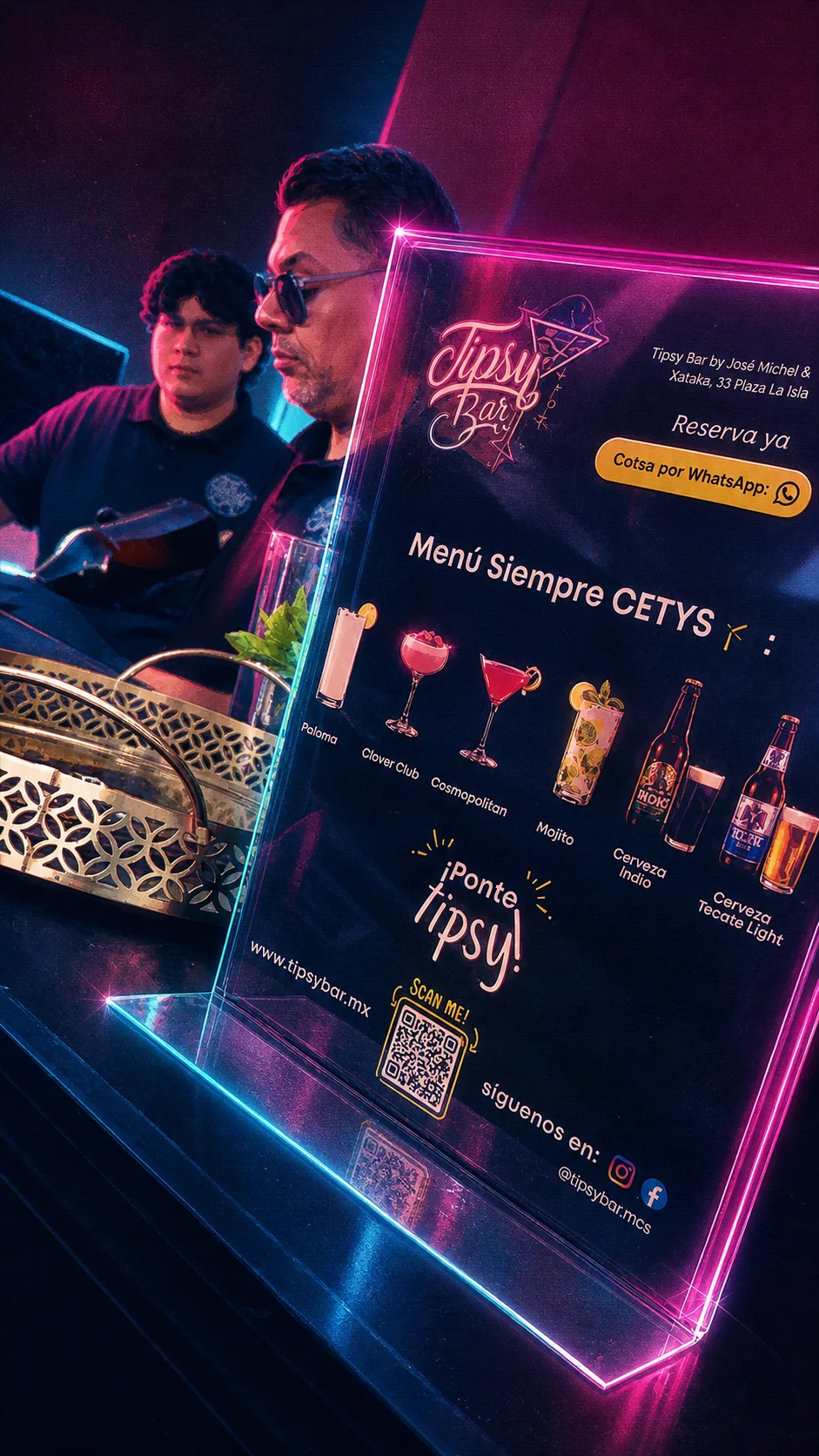 Tipsy Bar - menu acrilico neon editado estilo ochentero en CETYS Alumni
